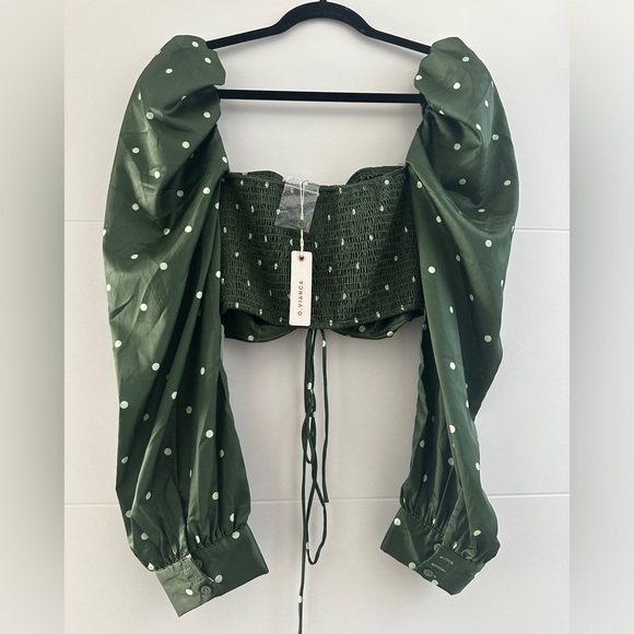 O.Vianca green & white polka dot puff shoulder long sleeve crop top formal NWT M - Picture 10 of 12